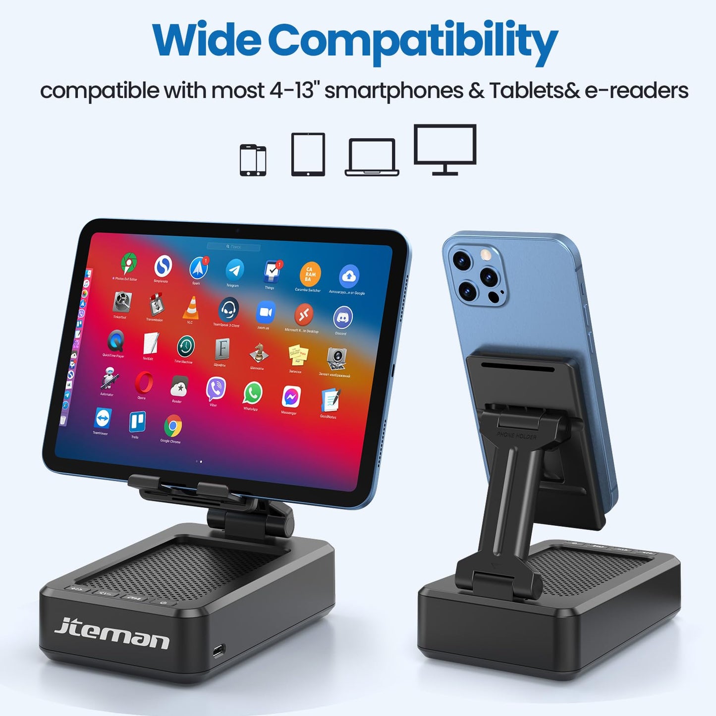 Cell Phone Stand with Bluetooth Speaker & Anti-Slip Base – Compatible with iPhone/ipad/Samsung Galaxy